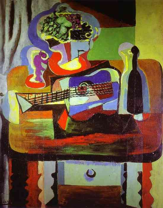 picasso-guitar-bottle-bowl-with-fruit-and-glass-on-table